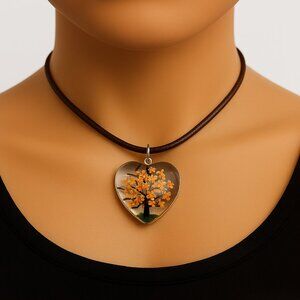 Heart-Shaped Resin Floral Pendant Tree Necklace 18" Brown Cord Fashion Jewelry